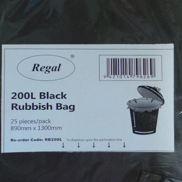 Rub Bags 200L BLACK Flat Regal RB200L 200/ctn