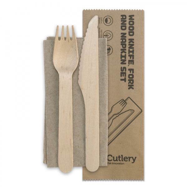 CUTLERY 16cm KNIFE, FORK & NAPKIN SET Wooden x 400