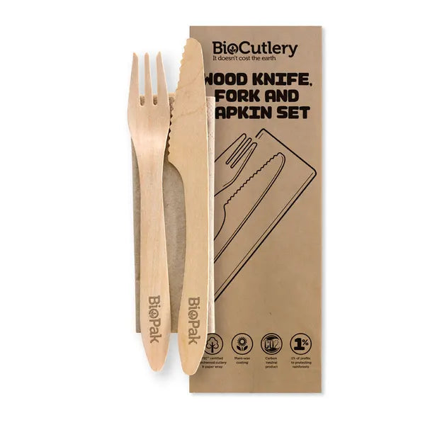 Cutlery Set Wooden COATED 19cm Fork, Knife, Napkin x 400/ctn